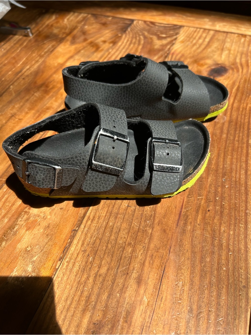 Birkenstock Black Kids Three-Strap Sandals with Yellow Trim